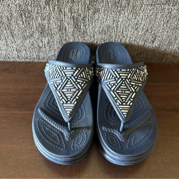 Crocs Sandals Womens 9 Monterey Wedge Slip On Flip Flop Navy 206851 Comfort - Picture 2 of 8